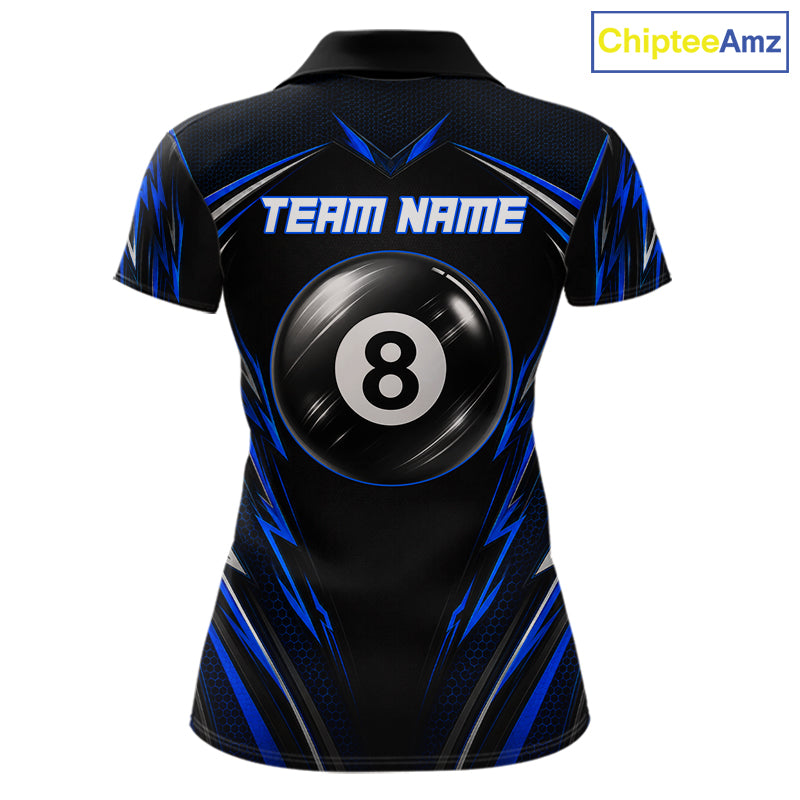 Women's patriotic billiard polo with black blue US flag and illuminated 8 ball artwork, custom performance jersey for league play, Memorial Day tournaments and Independence Day events.