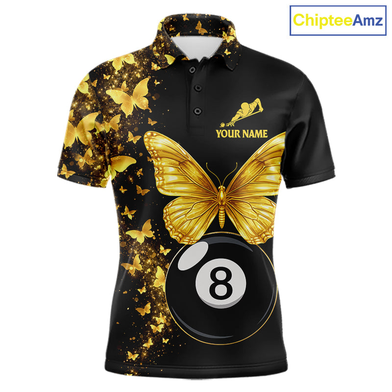 Men's billiard polo featuring luxurious black gold butterflies with realistic 8 ball and 9 ball graphics, personalized premium pool apparel for stylish players, luxury sportswear fans and tournament competitors, symbolizing success and transformation.
