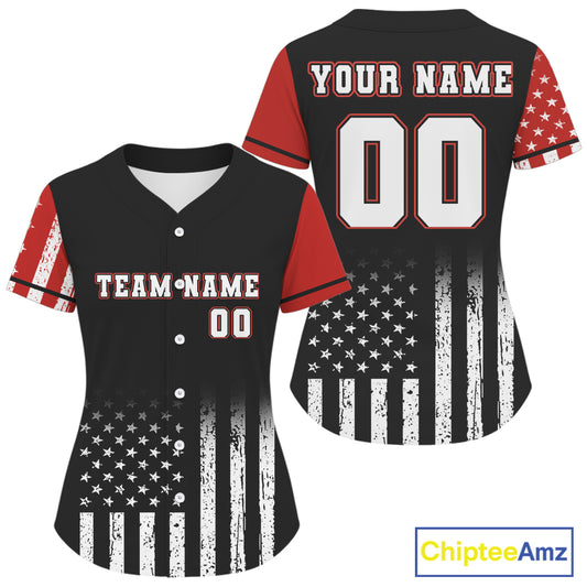 Custom Black And Red US Flag Patriotic Baseball Shirt For Women Youth Baseball Jerseys NYN0902