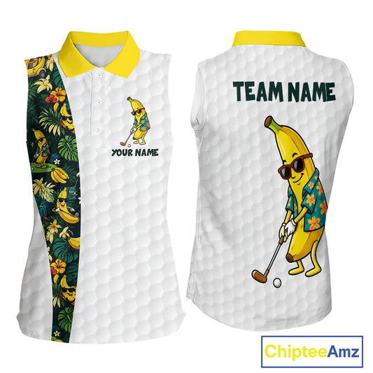 Custom Banaba Golfer Golf Ball Team Attire Tropical Monstera Golf Sleeveless Polo Golf Shirts For Women NYN3178