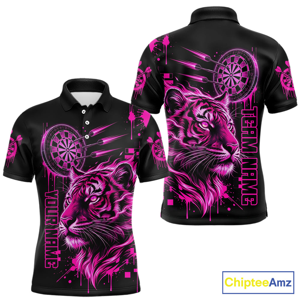 Pink Neon Tiger Lightning Dartboard Men Dart Polo Shirts Custom Name & Team Dart Jerseys NYN2098