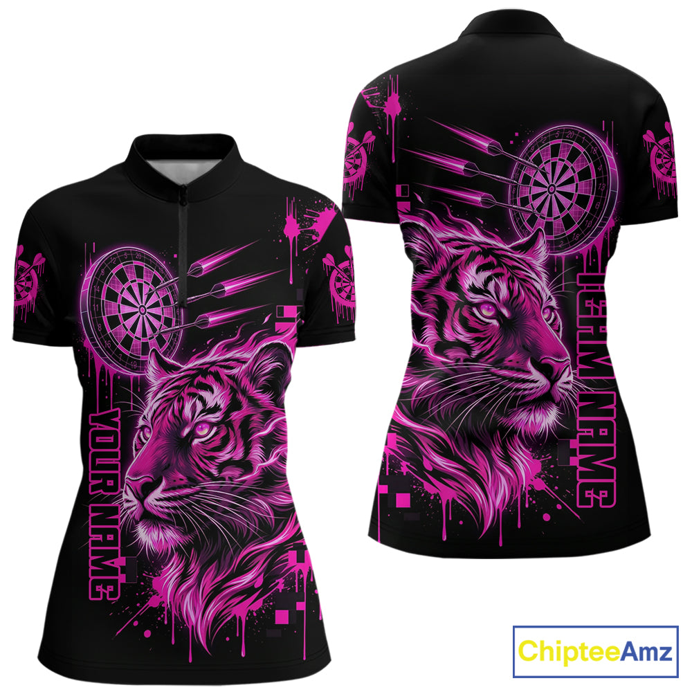 Pink Neon Tiger Lightning Dartboard Women Dart 1/4-Zip Shirts Custom Name & Team Dart Jerseys NYN2098