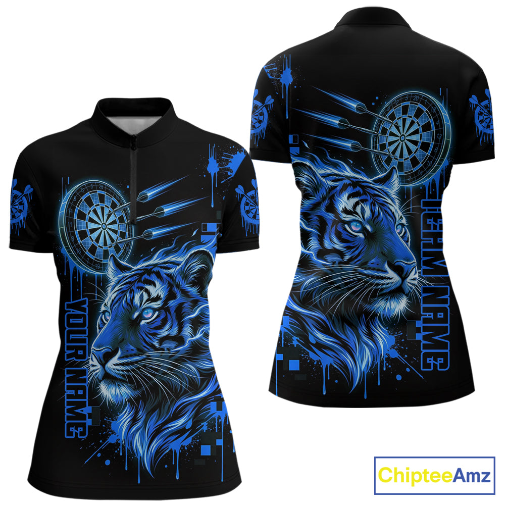 Blue Neon Tiger Lightning Dartboard Women Dart 1/4-Zip Shirts Custom Name & Team Dart Jerseys NYN2100