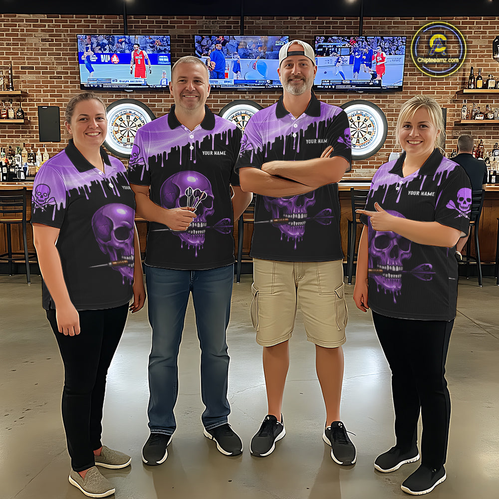 Custom Holographic Purple Skull Darts Shirt 1/4-Zip For Men Light Skull Dart League Jerseys NYN2109