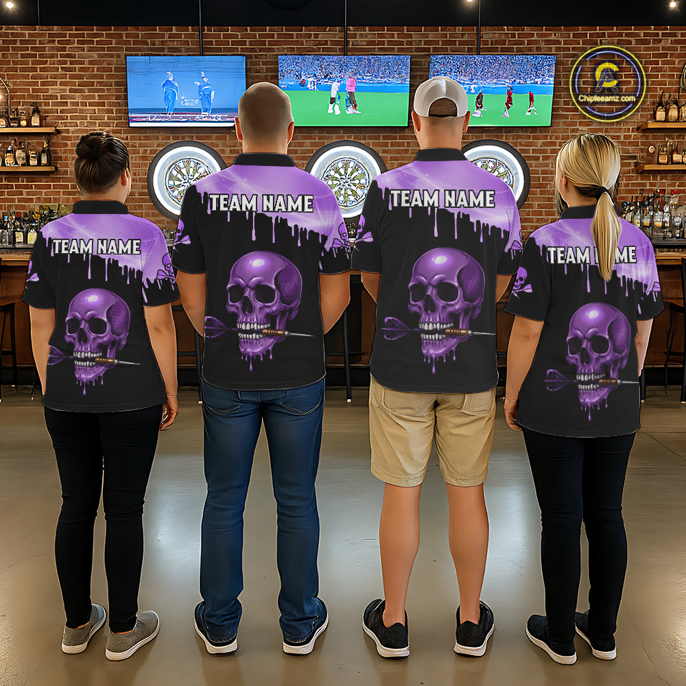 Custom Holographic Purple Skull Darts Shirt 1/4-Zip For Men Light Skull Dart League Jerseys NYN2109