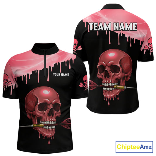 Custom Holographic Red Skull Darts Shirt 1/4-Zip For Men Light Skull Dart League Jerseys NYN2110