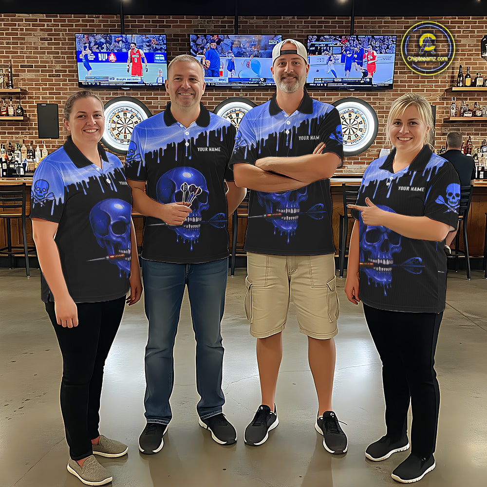 Custom Holographic Blue Skull Darts Shirt Polo For Men Light Skull Dart League Jerseys NYN2111