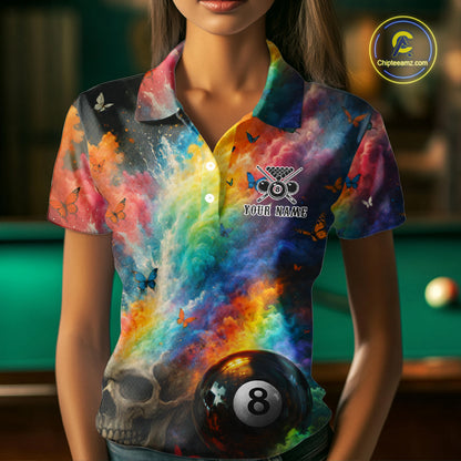 Custom Colorful Smoke 8 Ball Women's Billiard Shirts Personalized Skull Billiard Team Attire NYN2331