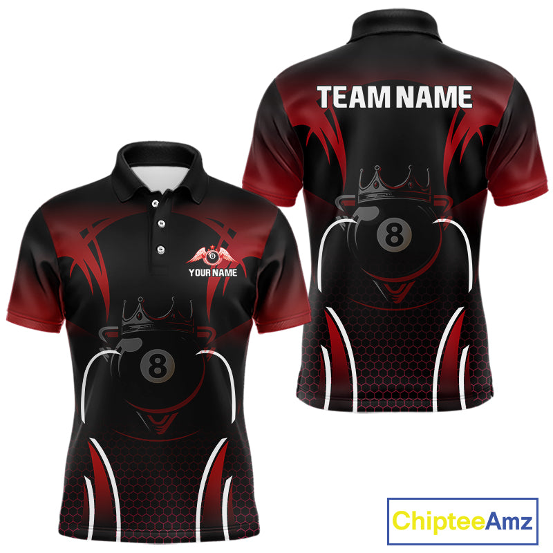 Black & Red 8 Ball Crown Men's Billiard Polo & 1/4 Zip Shirt Custom Billiard Team Jersey NYN2344