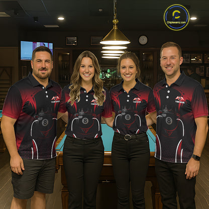 Black & Red 8 Ball Crown Women's Billiard Polo & 1/4 Zip Shirt Custom Billiard Team Jersey NYN2344