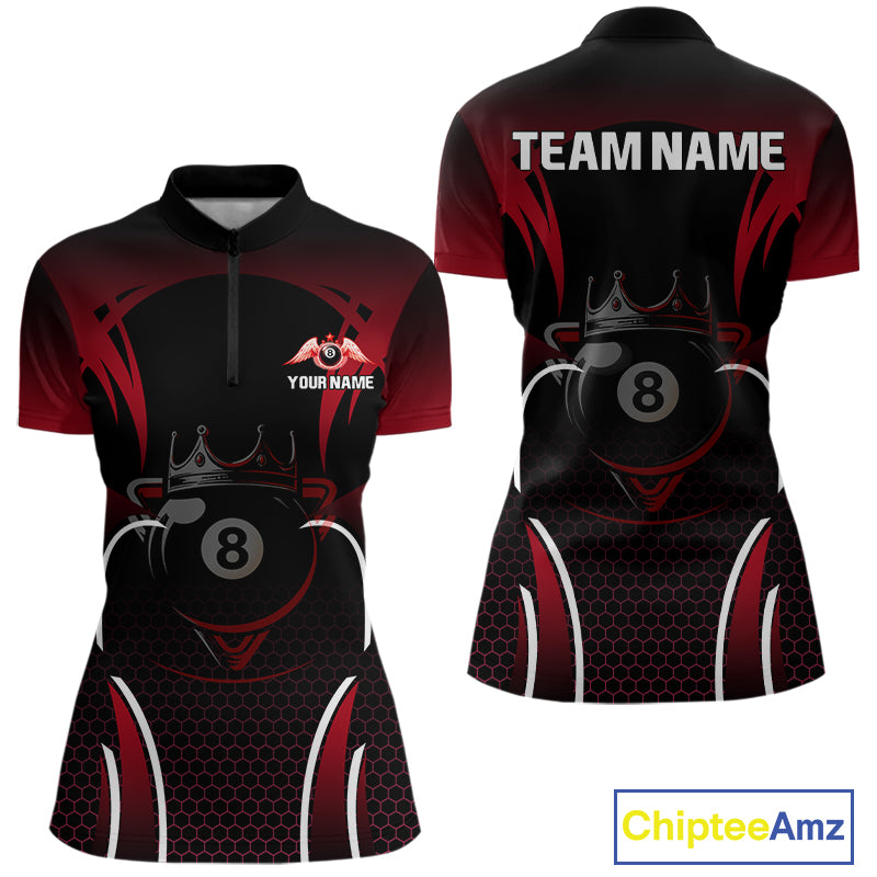 Black & Red 8 Ball Crown Women's Billiard Polo & 1/4 Zip Shirt Custom Billiard Team Jersey NYN2344