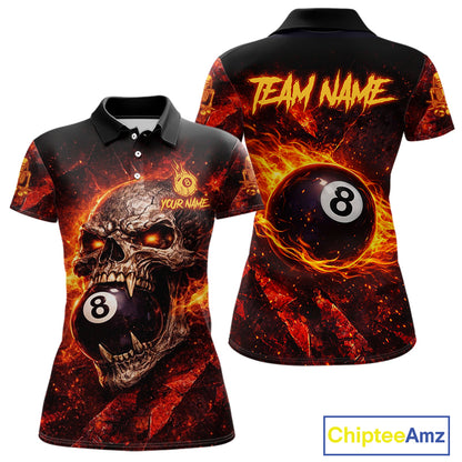 Cracked Soil Skull Red Flames Pool 8 Ball Women Billiard Polo & 1/4-Zip Shirt Custom Billiard Attire NYN2627