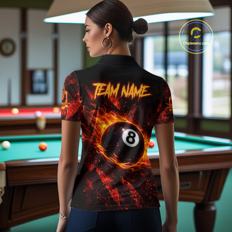 Cracked Soil Skull Red Flames Pool 8 Ball Women Billiard Polo & 1/4-Zip Shirt Custom Billiard Attire NYN2627
