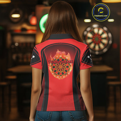 Red Flaming & Smoke Dartboard Women's Darts Shirt - Custom Name For Darts Jersey NYN0428