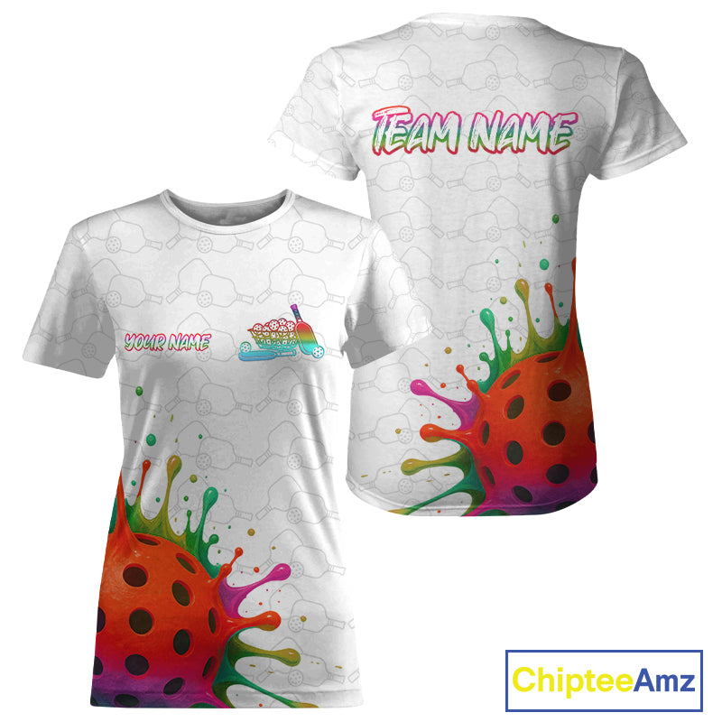 Women's Splashed Color Pickleball T-Shirt Custom Red 3D Pickleball Tournament Jerseys NYN0916