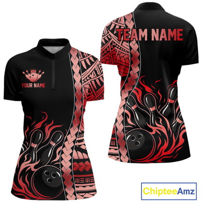 Women's black red tribal bowling quarter-zip, moisture-wicking bowling jersey, tournament apparel