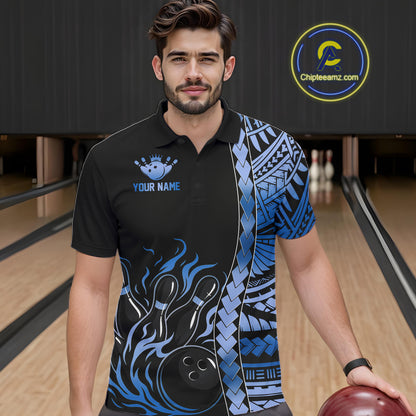 Male bowler in blue tribal bowling polo at championship event