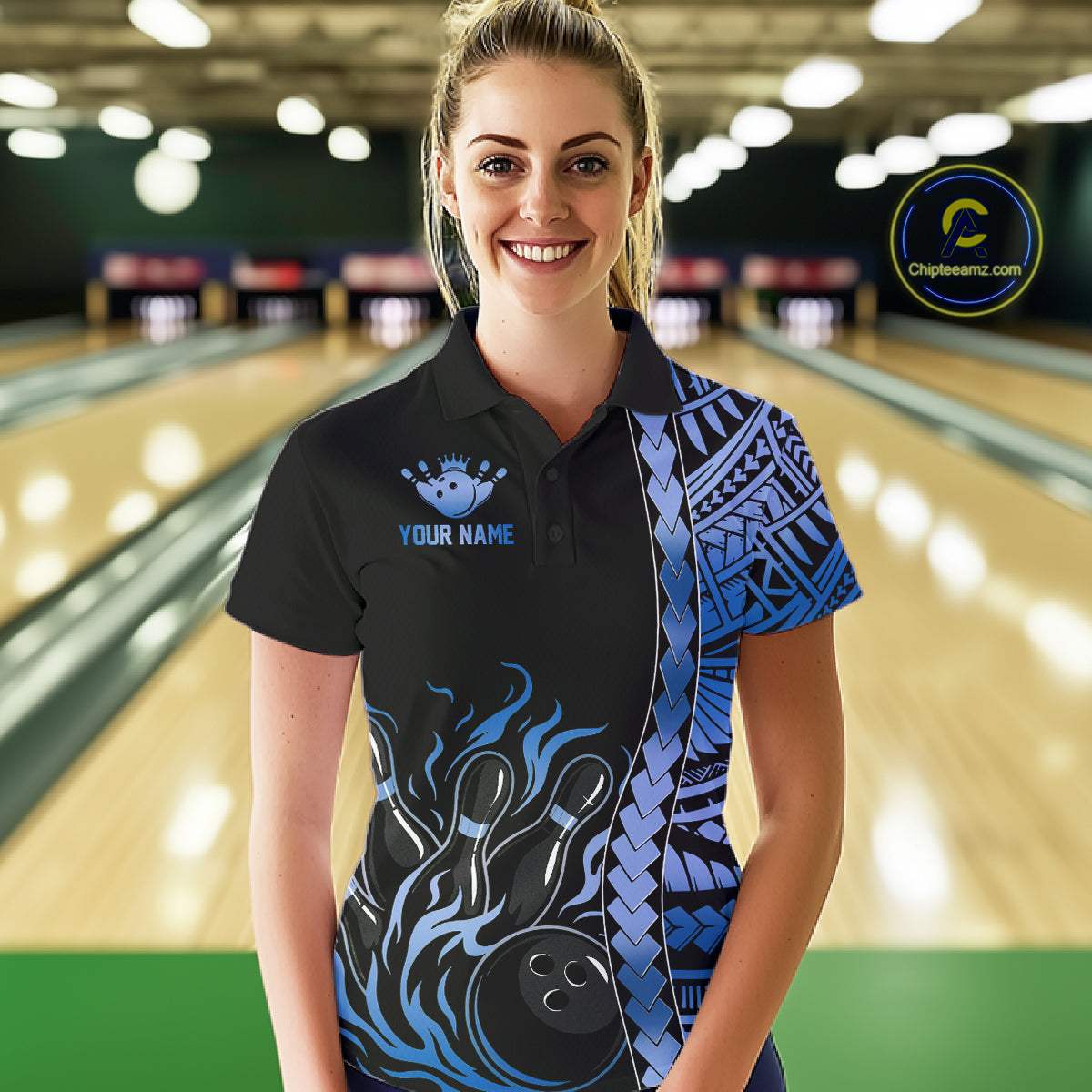 Female bowler in blue tribal bowling polo during league night