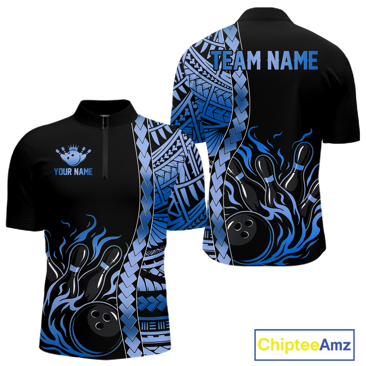 Men's blue tribal bowling quarter-zip, personalized bowling tournament jersey