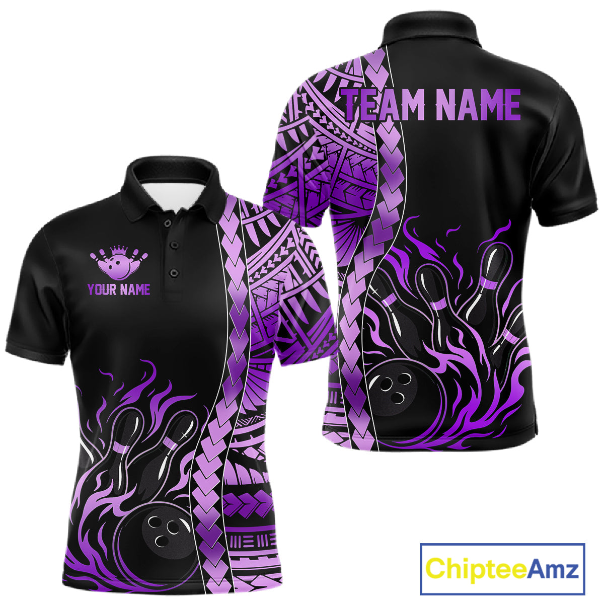 Men's purple tribal bowling polo, custom bowling league shirt