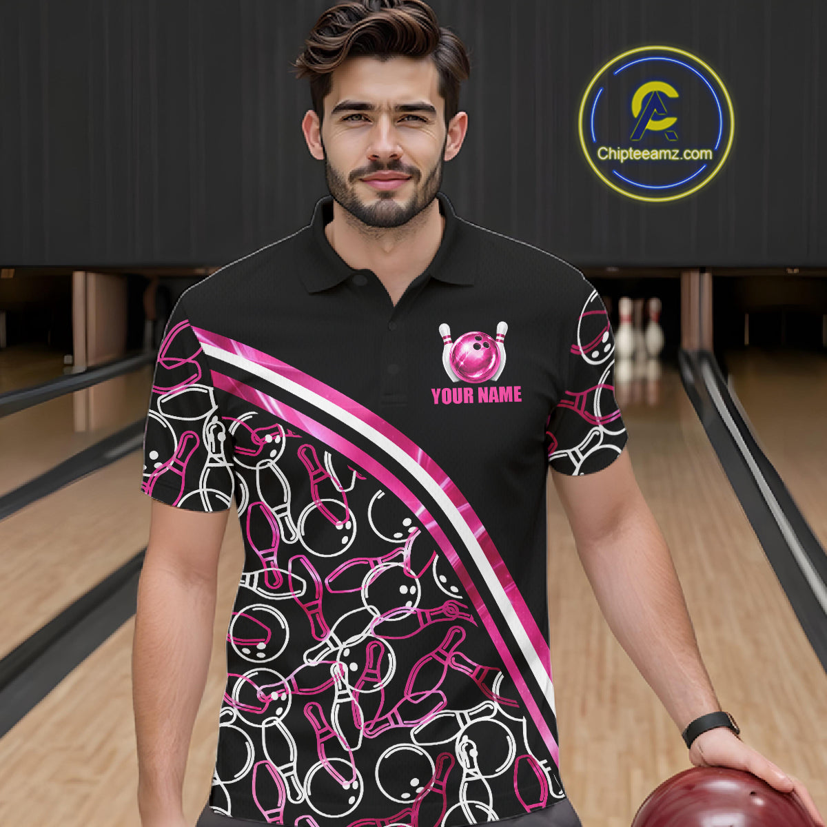 Male bowler modeling holographic bowling jersey in tournament setting