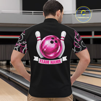 Male bowler modeling holographic bowling jersey in tournament setting