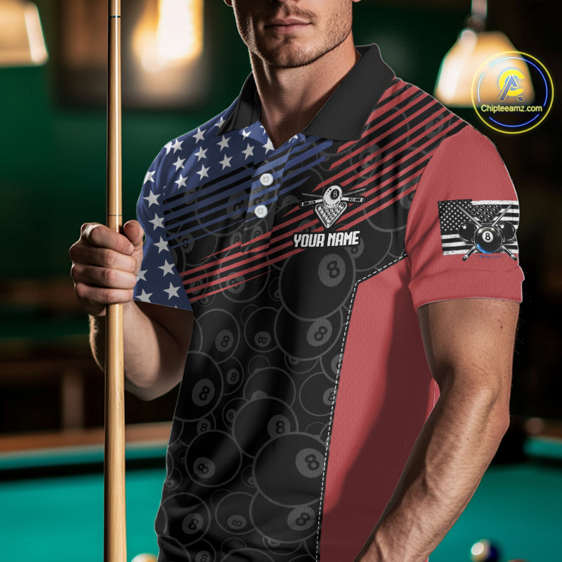 US Flag Pool 8 Ball Men's Billiard Polo & 1/4 Zip Shirt Custom Patriotic Billiard Attire NYN2362