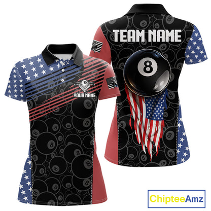 US Flag Pool 8 Ball Women's Billiard Polo & 1/4 Zip Shirt Custom Patriotic Billiard Attire NYN2362