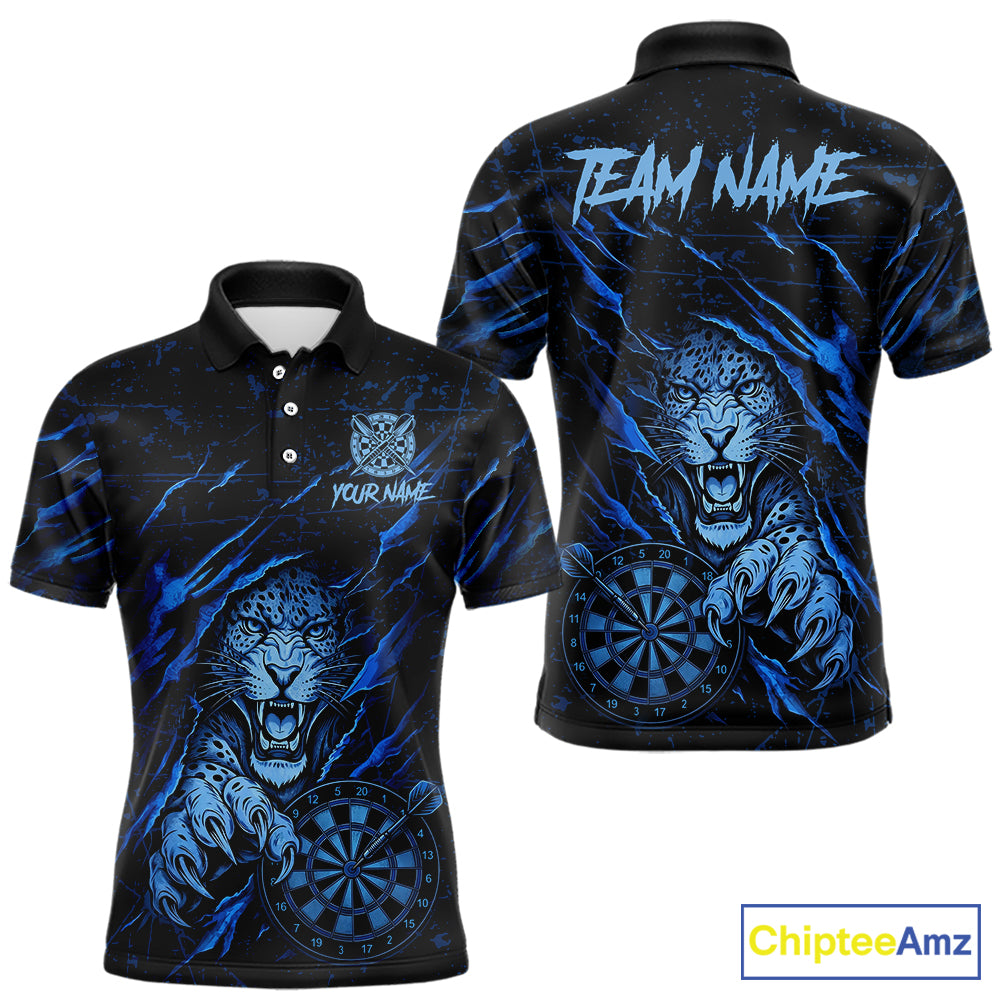Blue Grunge Funny Tiger Men Dart Polo & 1/4-Zip Shirt Custom Name Tiger Dart Jersey For Darters NYN2973