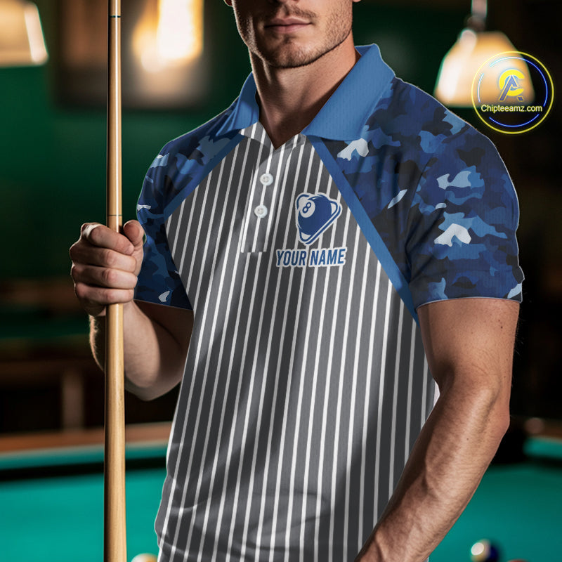 Blue Camouflage 8 Ball Pool Polo & 1/4-Zip Shirt Custom Billiard Shirts For Men Billiard Team Attire NYN2979