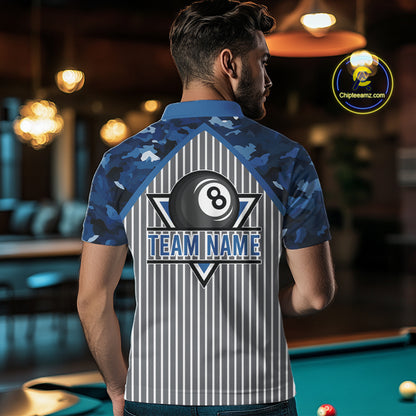 Blue Camouflage 8 Ball Pool Polo & 1/4-Zip Shirt Custom Billiard Shirts For Men Billiard Team Attire NYN2979