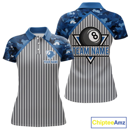 Blue Camouflage 8 Ball Pool Polo & 1/4-Zip Shirt Custom Billiard Shirts For Women Billiard Team Attire NYN2979