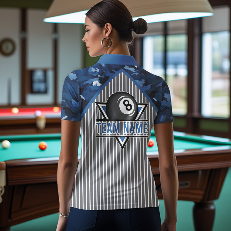 Blue Camouflage 8 Ball Pool Polo & 1/4-Zip Shirt Custom Billiard Shirts For Women Billiard Team Attire NYN2979