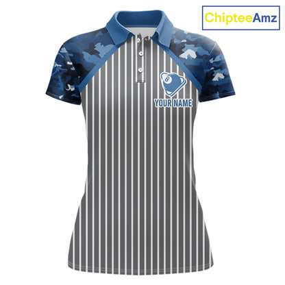 Blue Camouflage 8 Ball Pool Polo & 1/4-Zip Shirt Custom Billiard Shirts For Women Billiard Team Attire NYN2979