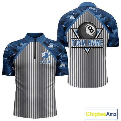 Blue Camouflage 8 Ball Pool Polo & 1/4-Zip Shirt Custom Billiard Shirts For Men Billiard Team Attire NYN2979