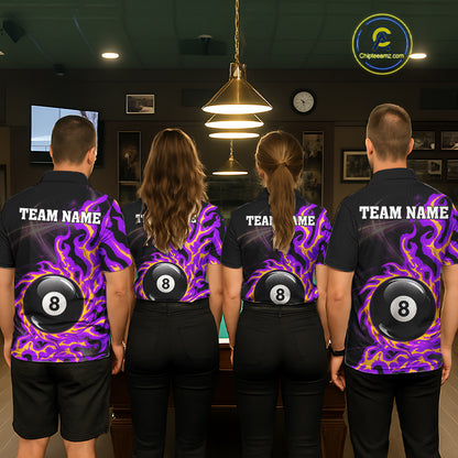 Purple & Yellow Flame 8 Ball Billiard Polo 1/4-Zip Shirt For Men Custom Flame Pool Team Jersey NYN3938