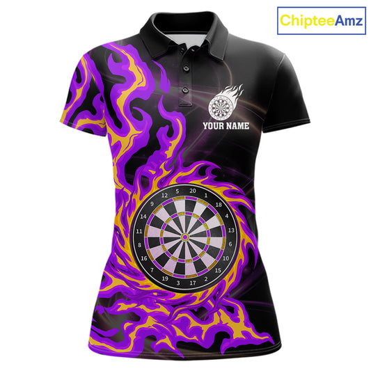 Purple & Yellow Flame Dartboard Darts Polo 1/4-Zip Shirt For Women Custom Fire Flame Dart Team Jersey NYN3939