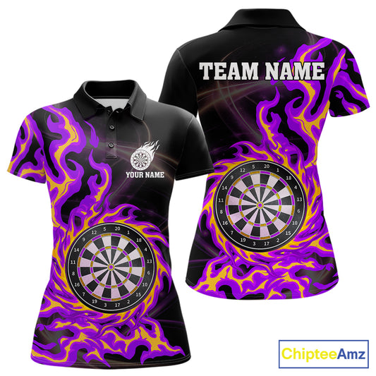 Purple & Yellow Flame Dartboard Darts Polo 1/4-Zip Shirt For Women Custom Fire Flame Dart Team Jersey NYN3939