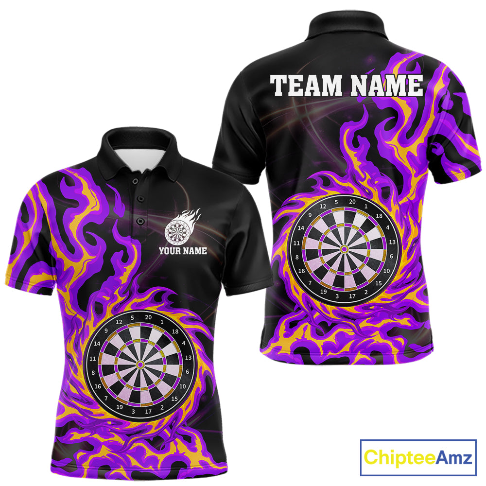 Purple & Yellow Flame Dartboard Darts Polo 1/4-Zip Shirt For Men Custom Fire Flame Dart Team Jersey NYN3939