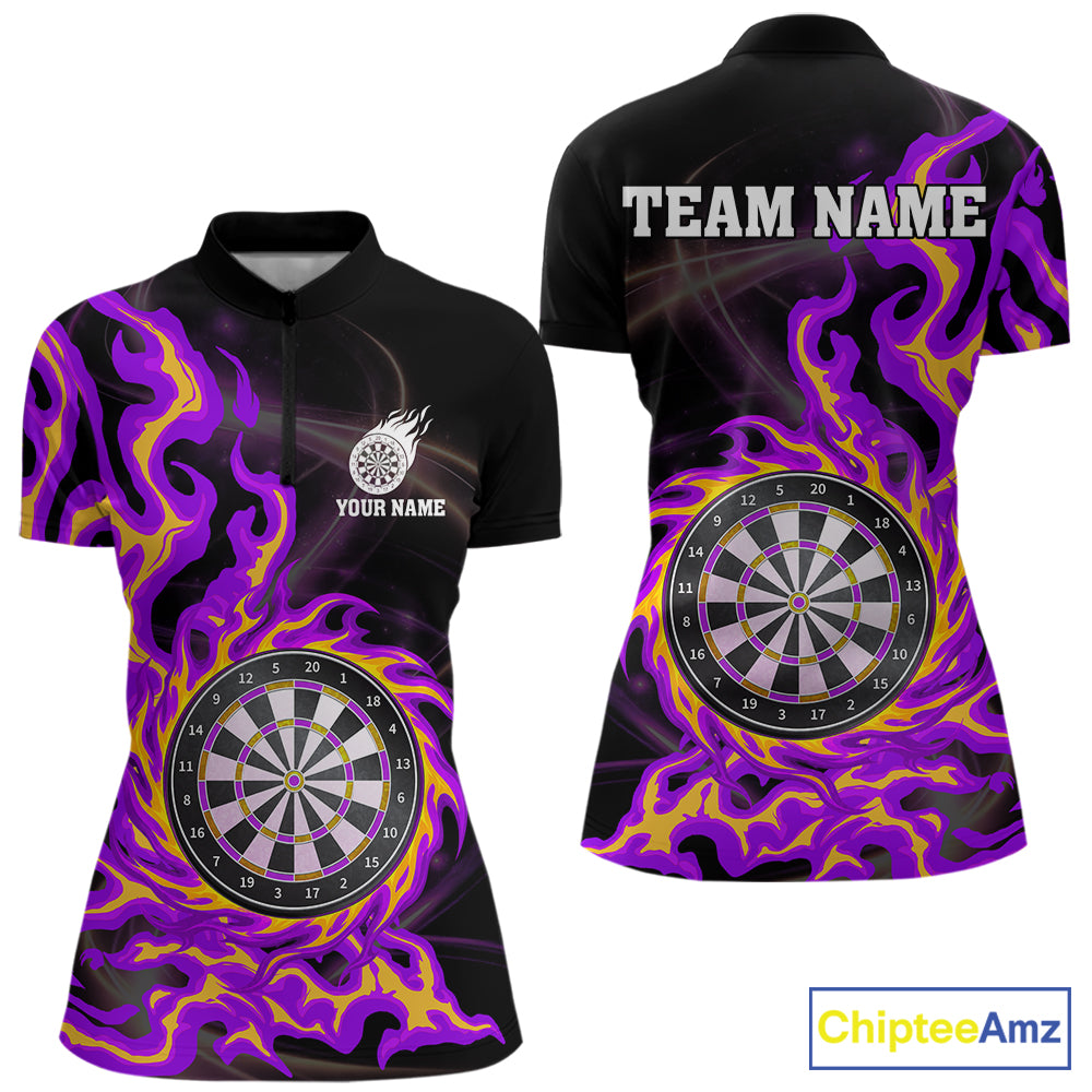 Purple & Yellow Flame Dartboard Darts Polo 1/4-Zip Shirt For Women Custom Fire Flame Dart Team Jersey NYN3939
