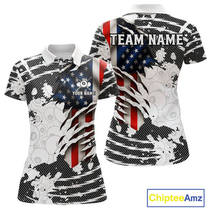 US Flag 8 Ball Women Billiard Team Shirt Custom Patriotic Pool Polo & 1/4-Zip Billiard Attire NYN2378