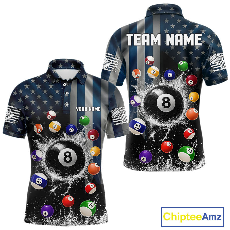 Watering 8 Ball Men Billiard Polo & 1/4-Zip Shirt Custom US Flag Pool Billiard Team Apparel NYN2384