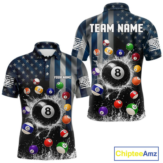 Watering 8 Ball Men Billiard Polo & 1/4-Zip Shirt Custom US Flag Pool Billiard Team Apparel NYN2384