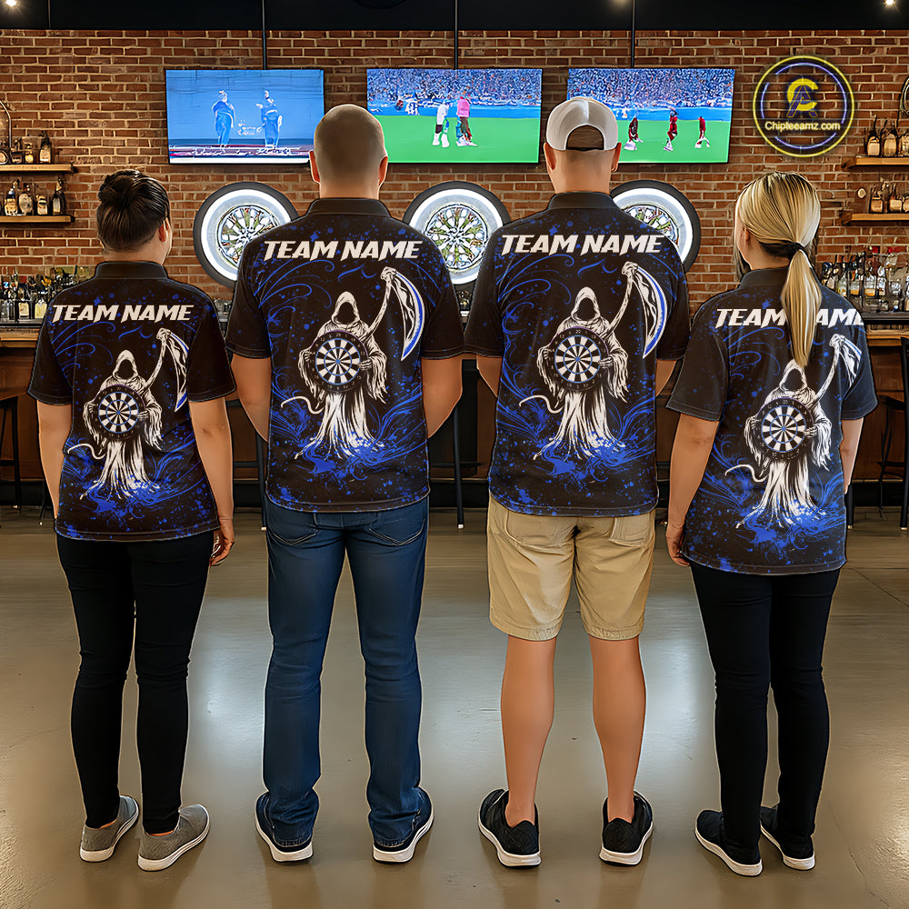 Black & Blue Splatter Grim Reaper Hold Dartboard Dart Shirts For Women Custom Dart Team Shirts NYN3953