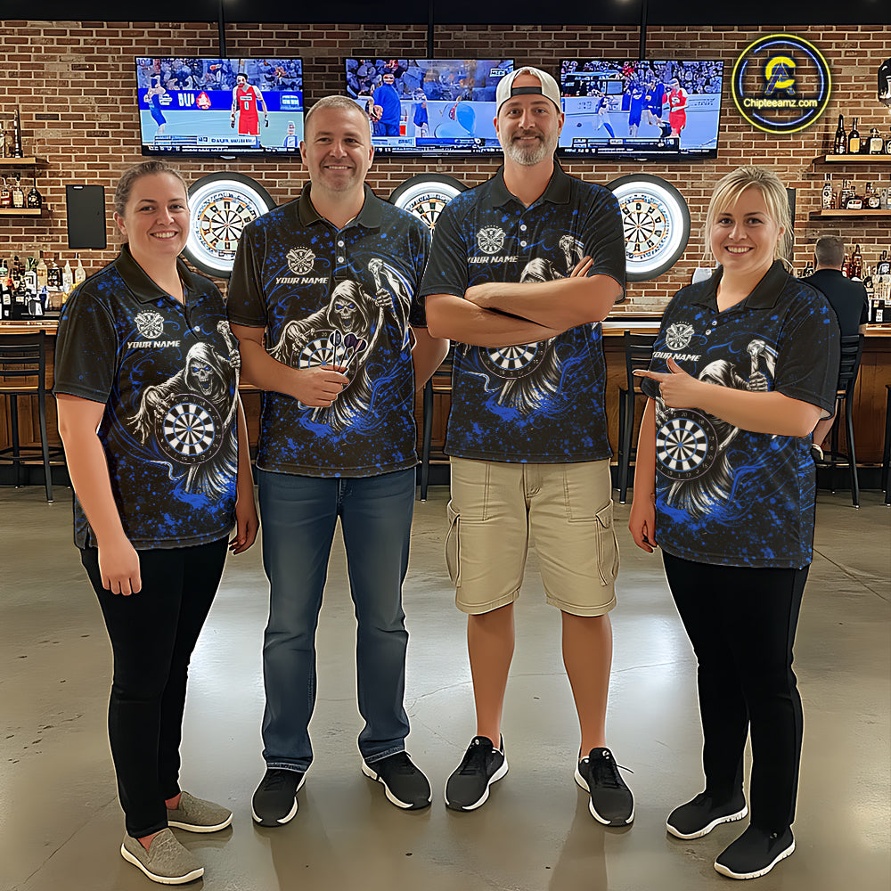 Black & Blue Splatter Grim Reaper Hold Dartboard Dart Shirts For Women Custom Dart Team Shirts NYN3953