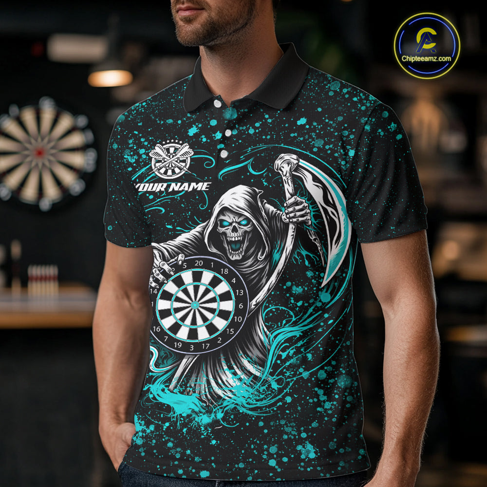 Black & Teal Splatter Grim Reaper Hold Dartboard Dart Shirts For Men Custom Dart Team Shirts NYN3954