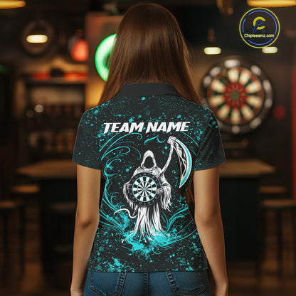 Black & Teal Splatter Grim Reaper Hold Dartboard Dart Shirts For Women Custom Dart Team Shirts NYN3954