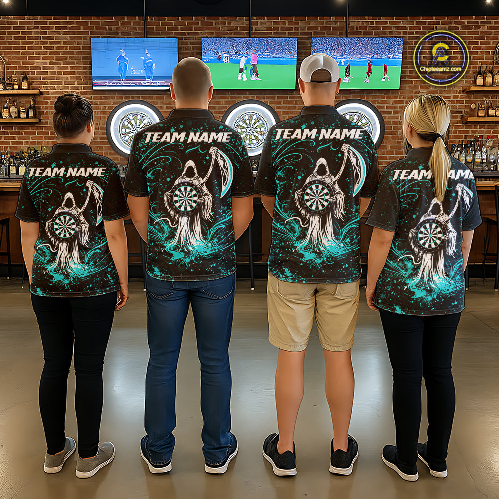 Black & Teal Splatter Grim Reaper Hold Dartboard Dart Shirts For Men Custom Dart Team Shirts NYN3954