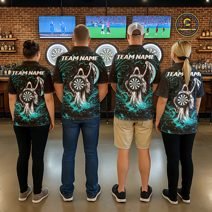 Black & Teal Splatter Grim Reaper Hold Dartboard Dart Shirts For Men Custom Dart Team Shirts NYN3954