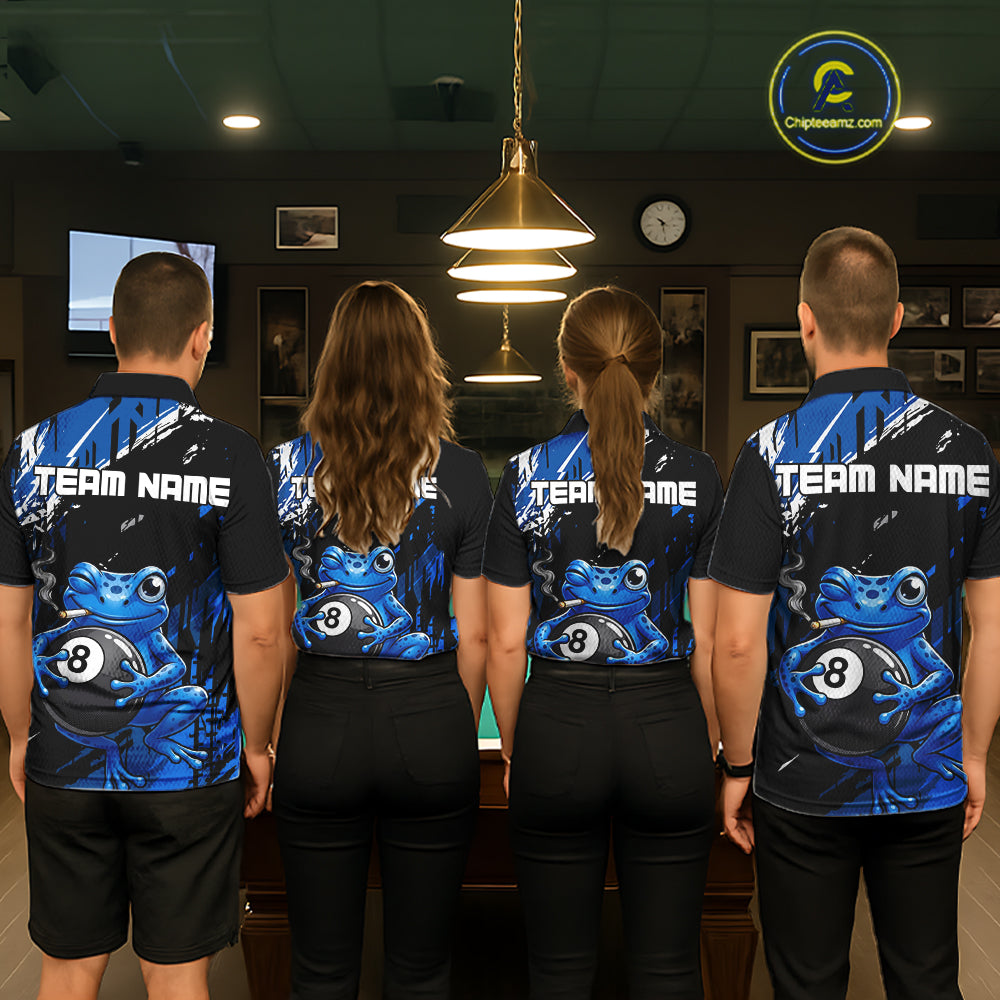 Custom Funny Frog 8 Ball Billiard Team Jersey Polo & Quarter-Zip Billiard Shirt For Women | Blue NYN3955